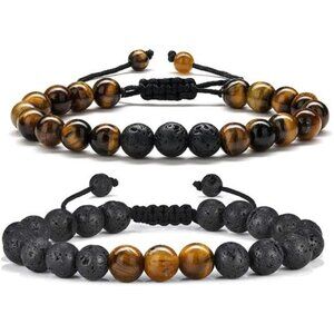 Mens Beaded Bracelet Natural Stone Tiger Eye Lava Rock Adjustable Gift for Him